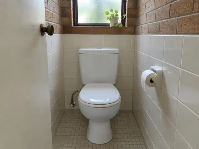 Clean white toilet in a small tiled bathroom with a window and brick wall in Bexley North