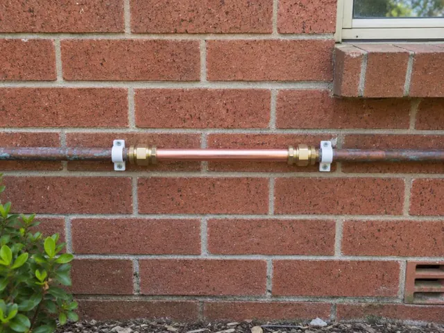 Repaired copper water pipe on a red brick exterior wall with clamps and dry fittings in Kingsgrove